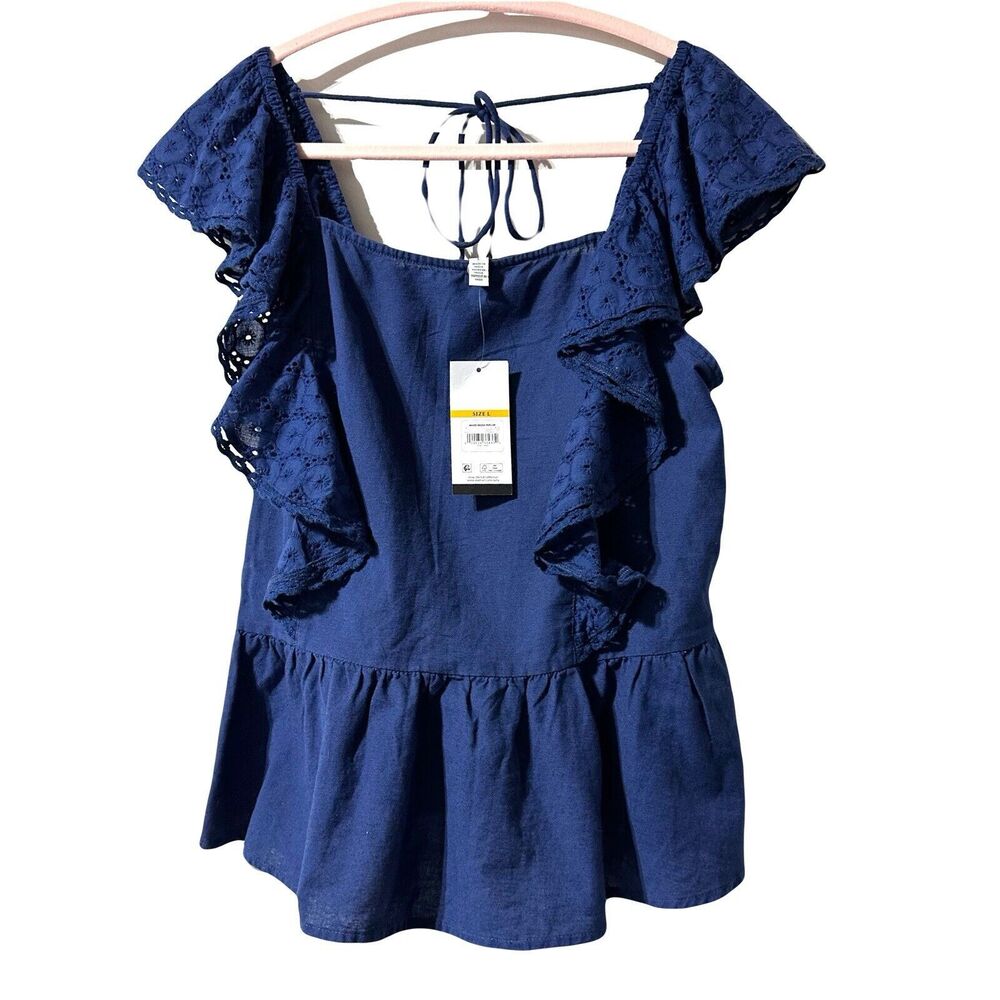 Sofia Vergara Women’s Top Navy Blue Size L Peplum Eyelet Ruffle Cotton Linen NWT